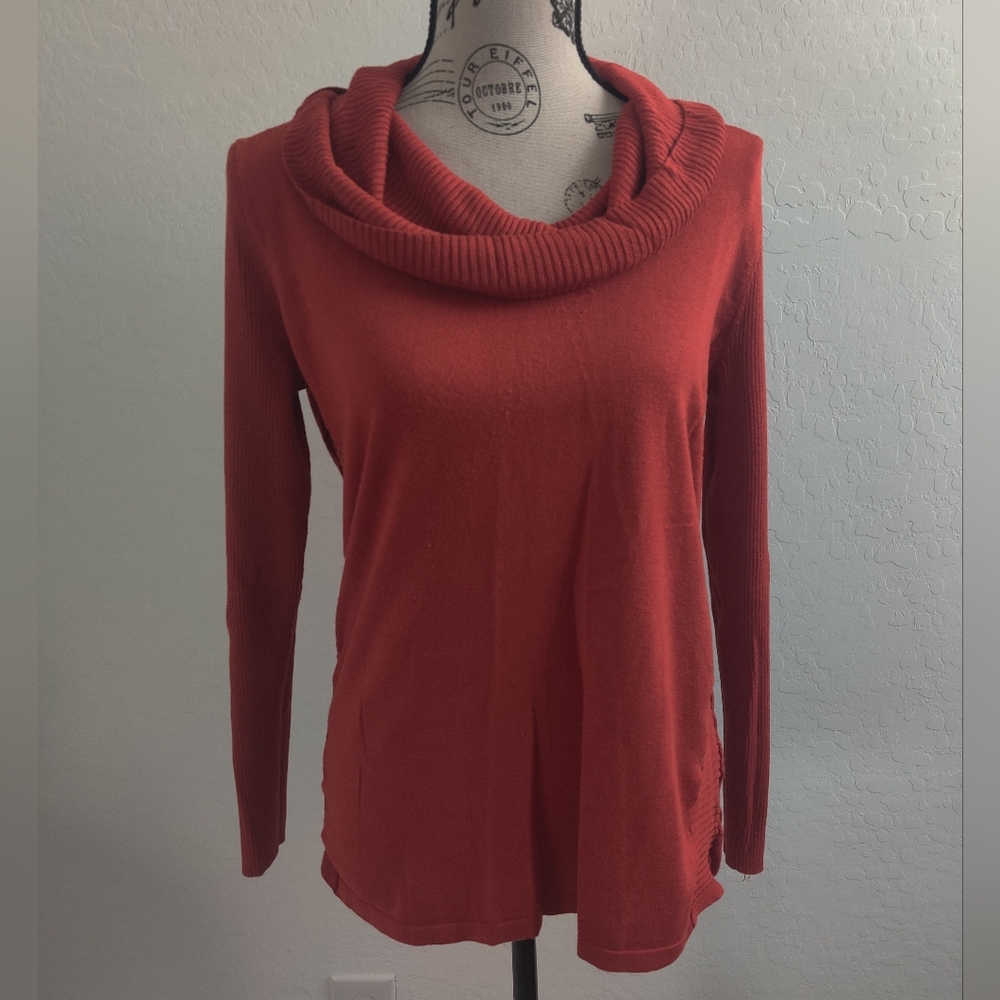 Roz & Ali Rust burnt orange Cowl Neck Turtleneck Sweater Cozycore Fall Winter_LG